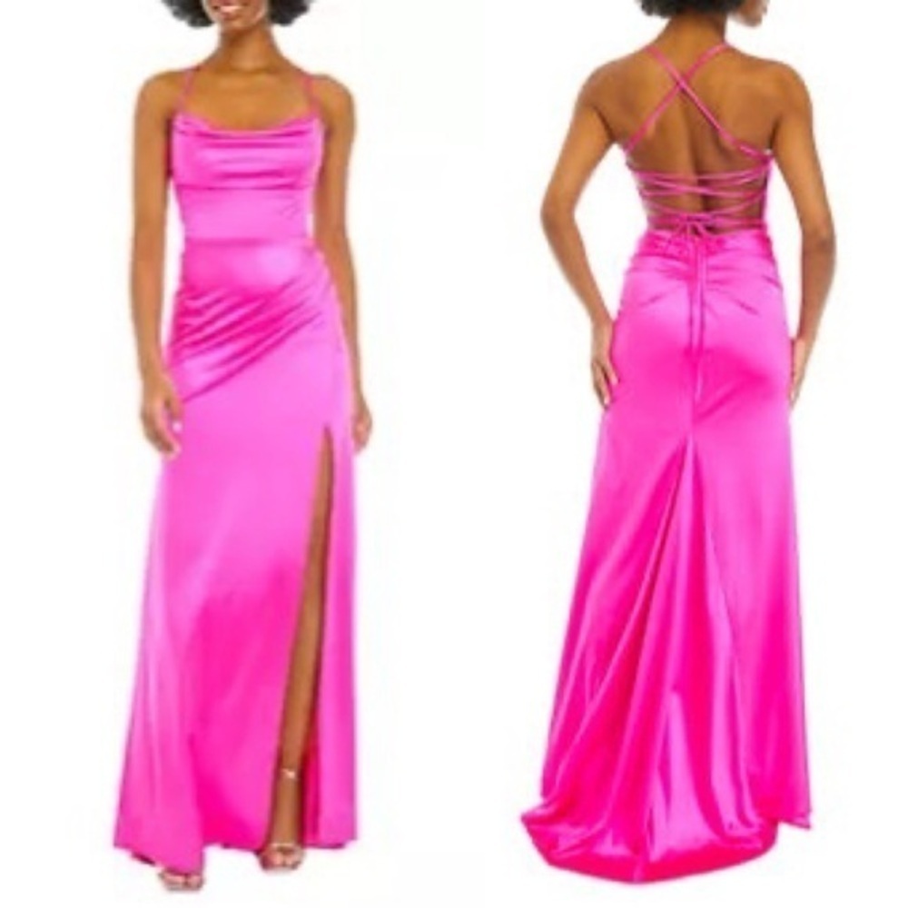 B Darlin Hot Pink Floor Length High Slit Cowl Neck Tie Back Maxi Dress Womens 4